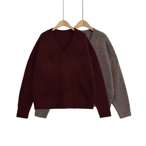 Dames Casual V-hals Gebreide Trui Lange Mouwen Oversized Pullover Ribbel Effen Kleur Losse Streetwear Gebreide Top