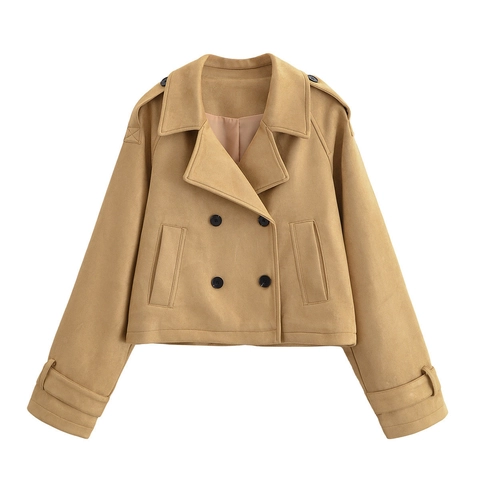 Dames Double-breasted Korte Trenchcoat Kaki Revers Lange Mouw Faux Suède Jas Casual Bovenkleding Mode Streetwear Top