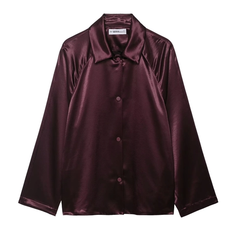 Chaqueta Camisera de Satén para Mujer Manga Larga Sola Fila de Botones Ajuste Holgado Blusa de Color Sólido Casual Ropa de Abrigo con Solapa