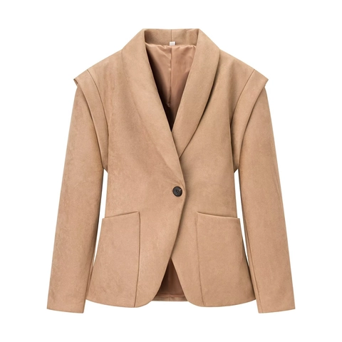 Chaqueta Vintage de Antelina para Mujer Cuello Chal Manga Larga Pliegues en Hombros Color Sólido Elegante Ropa de Exterior