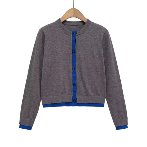Cárdigan de Punto de Manga Larga con Cuello Redondo Casual para Mujer Abotonadura Sencilla Gris Azul Bloque de Color Suéter Abrigo