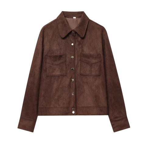 Women Faux Suede Short Jacket Vintage Dark Brown Button Up Utility Jacket With Pockets Solid Color Casual Loose Outerwear