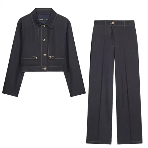Damen Mode Dunkelblau Kontrastnähte Kurzjacke Und Hohe Taille Weite Hose Outfit Lässig Chic Pendeln Outfit