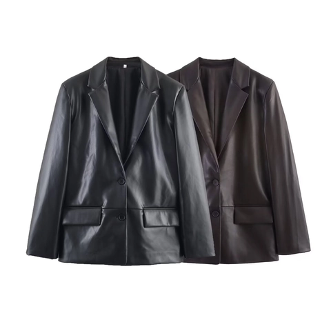 Women Casual PU Leather Blazer Jacket Single Breasted Notched Lapel Straight Solid Color Long Sleeve Coat Fashion Outerwear
