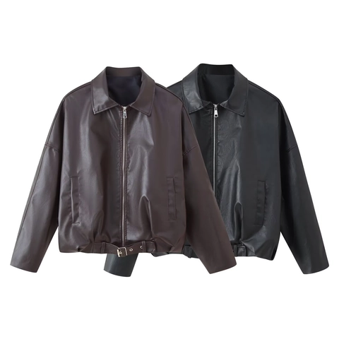 Damen Retro Kunstlederjacke Mit Gürtel Revers Reißverschluss Langarm Streetwear Biker Mantel Für Herbst Winter Mode Oberbekleidung