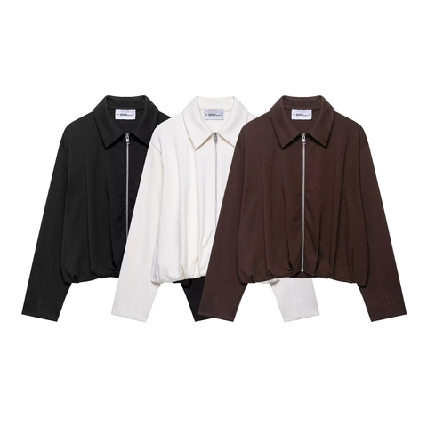 Women's Casual Polyester Zipper Jacket Featuring Lapel Collar And Pleated Hem Long Sleeve Solid Color Streetwear Outerwear