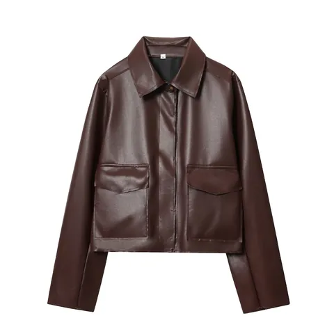 Giacca Corta da Donna in Ecopelle Moda PU a Maniche Lunghe con Risvolto e Tasche Streetwear Casual con Cerniera