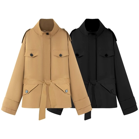 Damen Stehkragen Gürtel Trenchcoat Military Utility Jacke Casual Streetwear Multi Taschen Herbst Mode Oberbekleidung