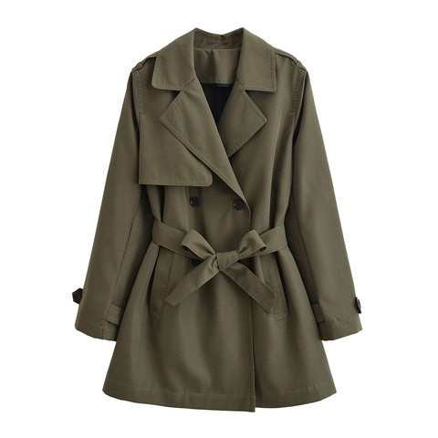 Dames Street Fashion Double Breasted Trenchcoat Met Riem Revers Halflang Legergroen Schouderbanden Jas Outerwear