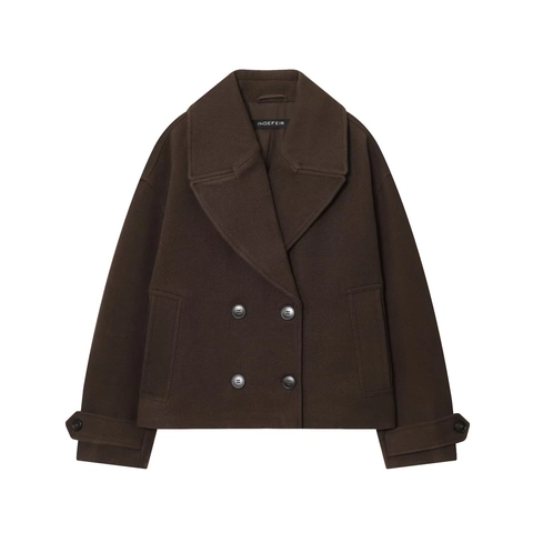 Abrigo Corto de Lana para Mujer Casual Doble Botonadura Streetwear Chaqueta Color Sólido Solapa Ancha Otoño Invierno Chaqueta