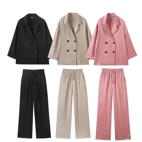 Dames Casual Blazer En Broek Set Double Breasted Plissé Textuur Pak Blazer En Wijde Pijpen Broek Voor Kantoor