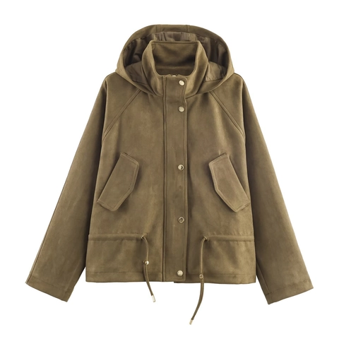 Women Fashion Suede Effect Hooded Jacket Loose Fit Solid Color Drawstring Hem Long Sleeve Casual Outerwear Coat