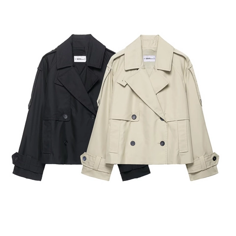 Dames Korte Trenchcoat Double Breasted Revers Windjack Met Epauletten Lange Mouwen Casual Effen Bovenkleding Lente Herfst