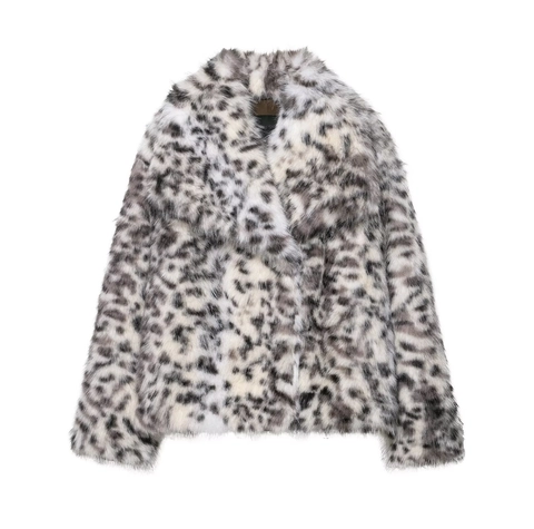 Giacca da Donna in Pelliccia Sintetica Leopardata Invernale Calda Casual Streetwear Motivo Animale Manica Lunga Cappotto Revers