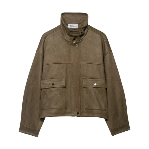Giacca Bomber Donna in Finta Scamosciata Collo Alto Manica Lunga Tasche a Patta Streetwear Cappotto Corto Casual