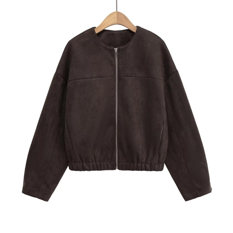 Women's Casual Faux Suede Jacket Round Neck Solid Color Zip Up Short Outerwear Drop Shoulder Long Sleeve Coat Streetwear Coffee