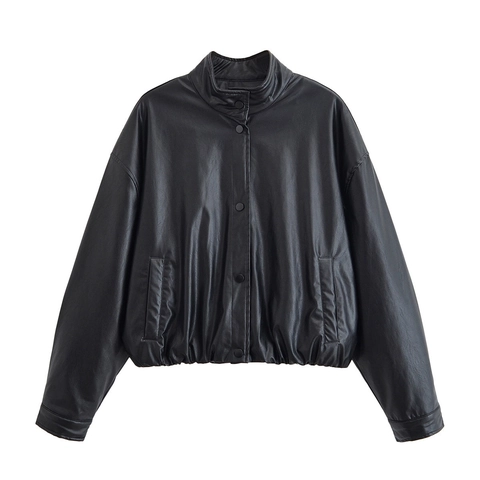 Dames Cropped Kunstleren Jas Staande Kraag Losse PU Leer Lange Mouw Bovenkleding Jas Met Drukknoppen Zwart