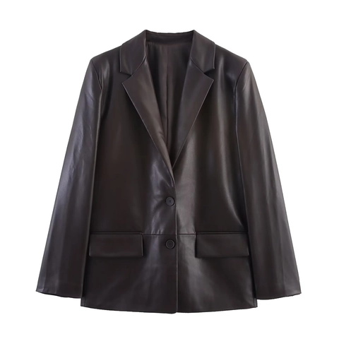 Women Casual PU Leather Blazer Jacket Single Breasted Notched Lapel Straight Solid Color Long Sleeve Coat Fashion Outerwear