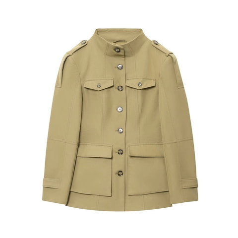 Chaqueta Casual de Estilo Utilitario para Mujer Multi-Bolsillo Cuello Alto Ropa Tactica Verde Matcha Color Solido Abrigo Otoño