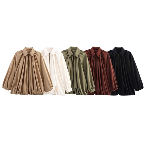 Giacca Donna Plissettata Larga Moda Cerniera Anteriore Risvolto Maniche a Lanterna Oversize Tinta Unita Poliestere Casual Top