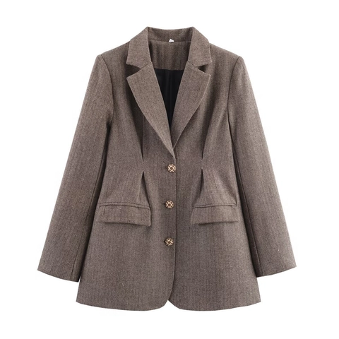 Damen Kaffee Braun Fischgräten Blazer Reverskragen Einreihig Drei Knöpfe Langarm Wolljacke Für Den Herbst