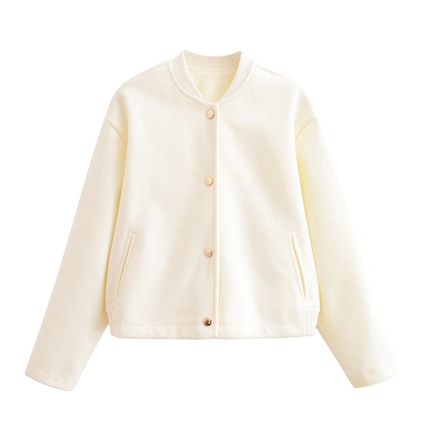 Damen Casual Off White Bomberjacke Stehkragen Knopfleiste Vorne Wollähnlicher Filz Oberbekleidung Langarm Rippstrick Mantel