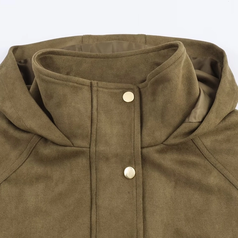 Women Fashion Suede Effect Hooded Jacket Loose Fit Solid Color Drawstring Hem Long Sleeve Casual Outerwear Coat