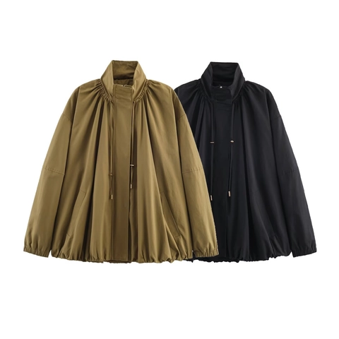 Damen Geraffter Stehkragen Jacke Baumwoll-Nylon-Mischung Oversized Poncho-Stil Kordelzug Winddicht Lässig Langarm Top