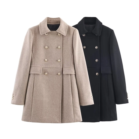 Elegante Damesjas van Wolmix Double-breasted met Revers Lange Mouwen en Decoratieve Metalen Knoppen Herfst Winter Bovenkleding