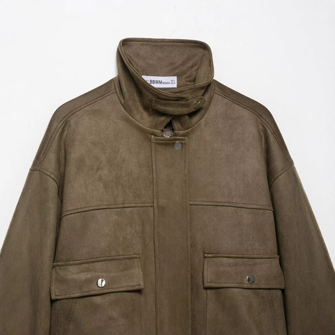 Giacca Bomber Donna in Finta Scamosciata Collo Alto Manica Lunga Tasche a Patta Streetwear Cappotto Corto Casual