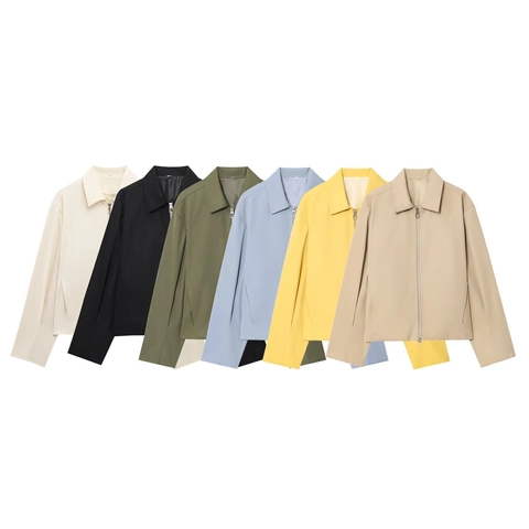 Women Casual Lapel Pilot Jacket Polyester Blend Zippered Streetwear Solid Color Long Sleeve Bomber Outerwear For Autumn