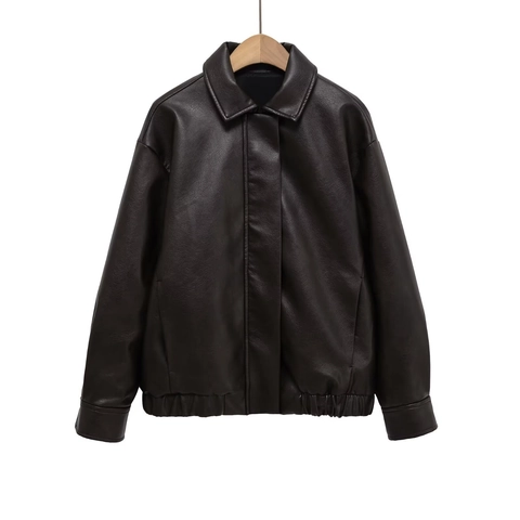 Women's Dark Brown Oversized Faux PU Leather Jacket Vintage Streetwear Lapel Zipper Long Sleeve Biker Coat Autumn Winter Outwear