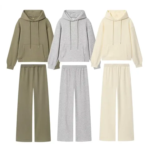 Women Casual Hooded Sweatshirt And Wide Leg Pants Outfits Solid Color Long Sleeve Hoodie Sporty Lounge Tracksuit Streetwear Jogger Outfits