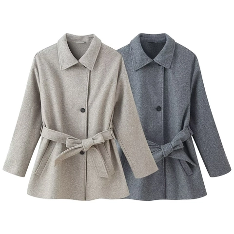 Women's Street Fashion Woolen Texture Coat Mid Length Lapel Belted Single Breasted Long Sleeve Solid Color Warm Jacket Outwear
