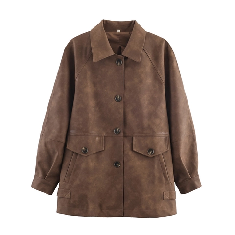 Giacca da Donna in Finta Pelle Scamosciata Streetwear Retro Colletto a Punta Bottoni Casual Autunno Inverno Cappotto Marrone