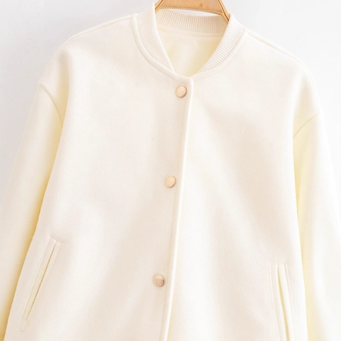 Damen Casual Off White Bomberjacke Stehkragen Knopfleiste Vorne Wollähnlicher Filz Oberbekleidung Langarm Rippstrick Mantel