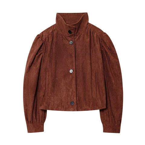 Women Suede-like Short Jacket Stand Collar Pleated Puff Sleeve Button Up Outerwear Streetwear Casual Solid Brown Coat