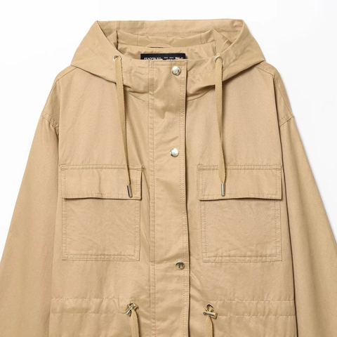 Veste Coupe-vent Khaki à Capuche Décontractée pour Femmes Streetwear Multi-poches Cordon de Serrage Vêtements d'Extérieur