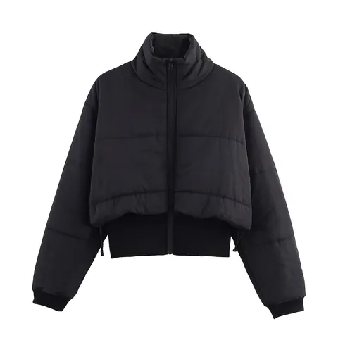 Women Winter Casual Short Quilted Padded Jacket Stand Collar Long Sleeve Zipper Patchwork Puffer Coat Solid Color Warm Streetwear Outwear
