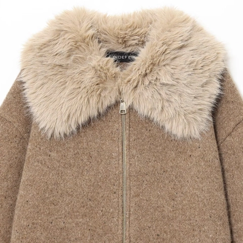 Women Casual Khaki Heavy Knit Jacket With Faux Fur Lapel Zip Up Long Sleeve Winter Outerwear Solid Color Patchwork Coat
