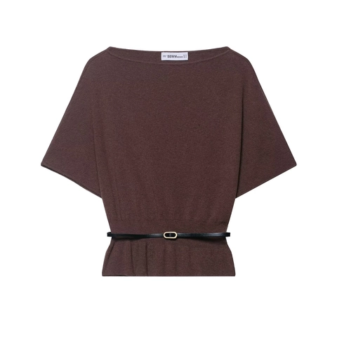Women Boat Neck Knit Sweater With Belt Batwing Sleeve Solid Color Elegant Pullover Top Soft Dark Brown Knitwear For Daily
