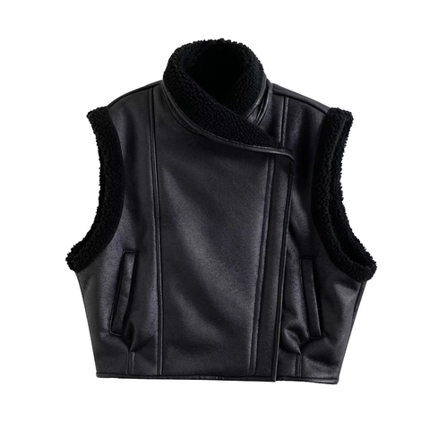 Gilet da Donna Invernale Caldo in Finta Pelle Scamosciata Foderato in Finto Agnello Giacca Smanicata Biker con Risvolto e Zip