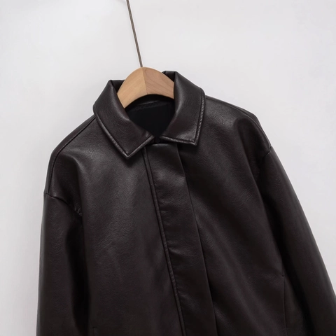Women's Dark Brown Oversized Faux PU Leather Jacket Vintage Streetwear Lapel Zipper Long Sleeve Biker Coat Autumn Winter Outwear
