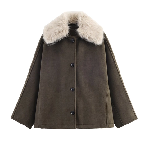 Dames Imitatiesuède Jas met Kunstbontkraag Herfst Winter Warm Enkele Rij Kleding Lange Mouw Knoop Casual Mantel