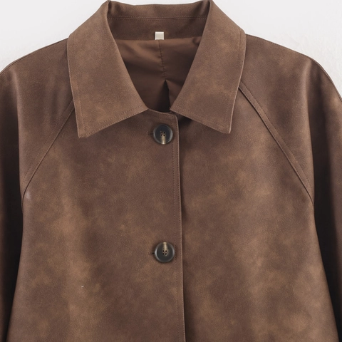 Giacca da Donna in Finta Pelle Scamosciata Streetwear Retro Colletto a Punta Bottoni Casual Autunno Inverno Cappotto Marrone