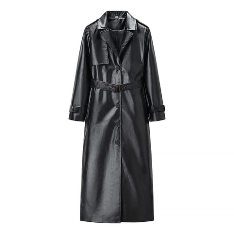 Trench-coat Long en Similicuir pour Femmes Revers Simple Boutonnage Noir Veste en Cuir PU avec Ceinture Mode Automne Hiver