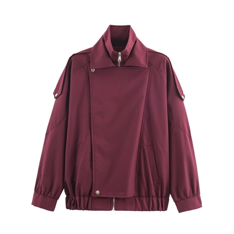 Chaqueta Casual Para Mujer Color Burdeos Cremallera Asimétrica Cuello Doble A Prueba De Viento Manga Larga Ropa De Calle Con Hombreras