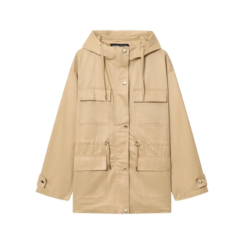 Women Casual Khaki Hooded Windbreaker Jacket With Multi Pockets Drawstring Waist Streetwear Fashion Long Sleeve Outerwear