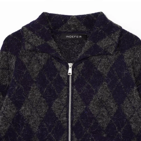 Women Retro Argyle Knit Bomber Jacket Lapel Full Zip Fuzzy Rhombus Pattern Contrast Color Long Sleeve Autumn Winter Outerwear