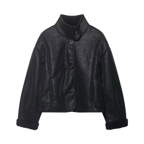 Giacca da Donna in Finta Pelle Scamosciata Bifacciale Con Fodera in Finta Lana di Agnello Revers Monopetto Cappotto Corto Streetwear